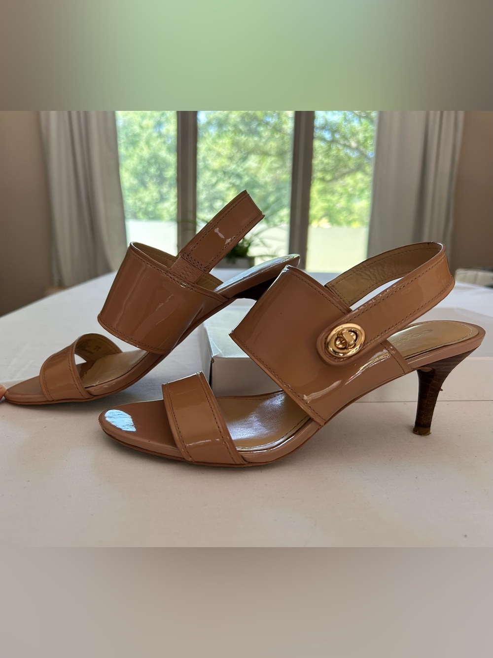 Coach Tan Patent Leather Slingback Heels with Gold Accent